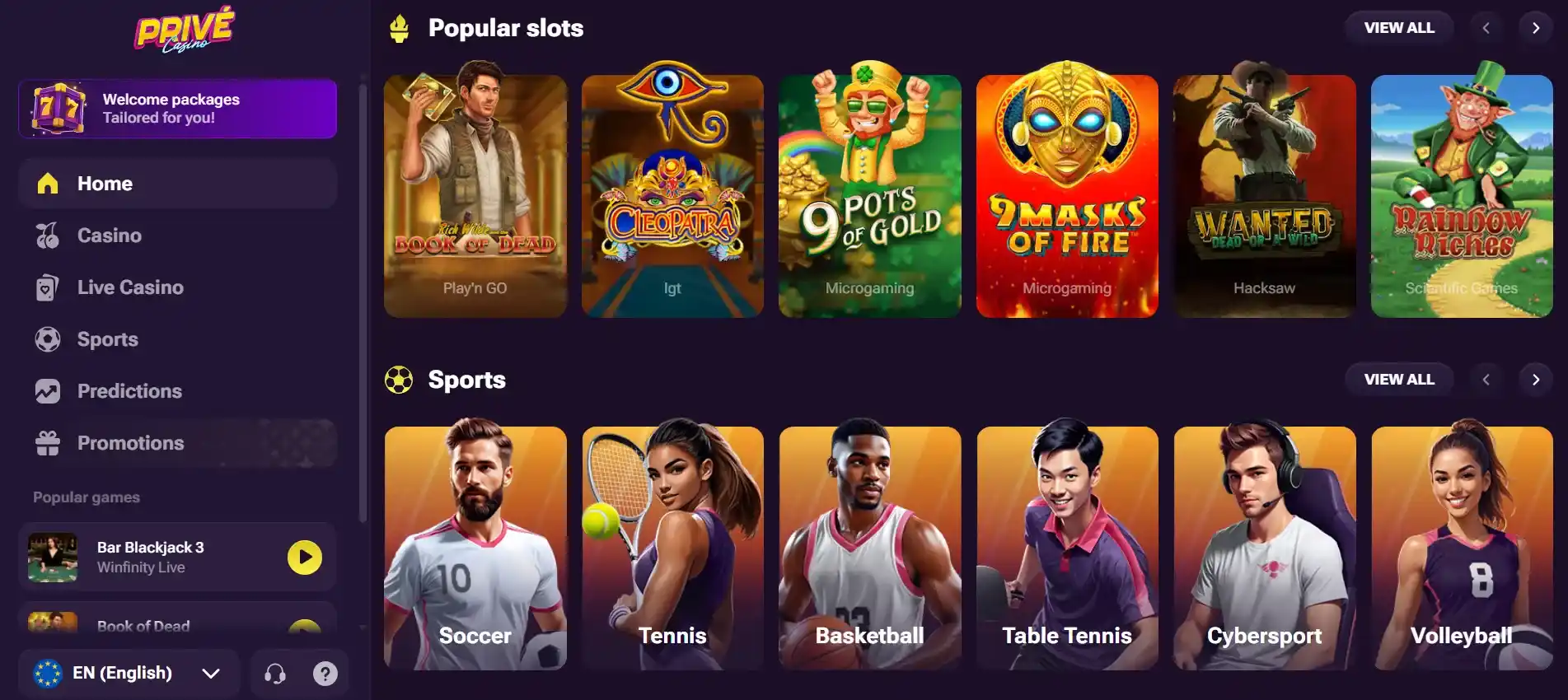 Current Prive Casino games page showing the game-library interface
