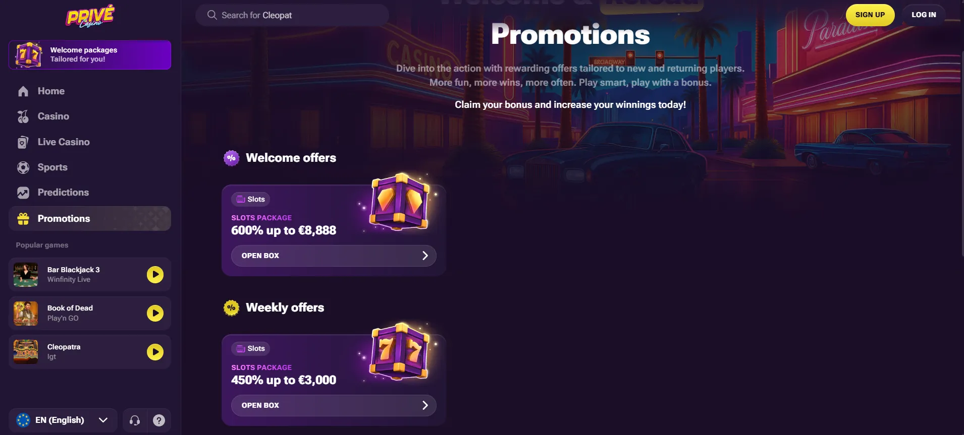 Current Prive Casino UK bonuses page