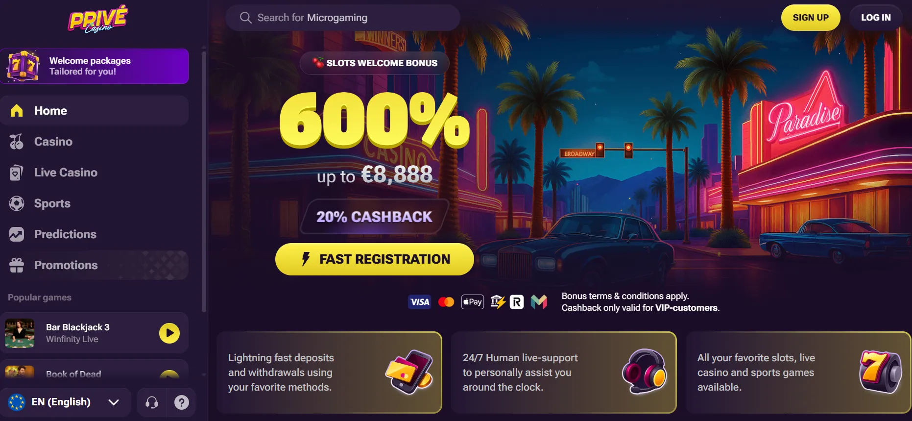 Prive Casino UK homepage interface